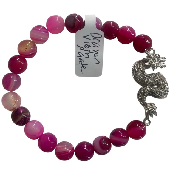 Accessories - Pink Dragon Vein Agate Gemstone Bracelet, featuring a stunning silver dragon